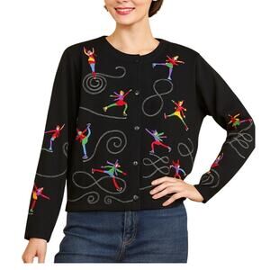 Vintage Michael Simon Lite Cardigan M Black Embroidered Novelty Knit Ice Skaters